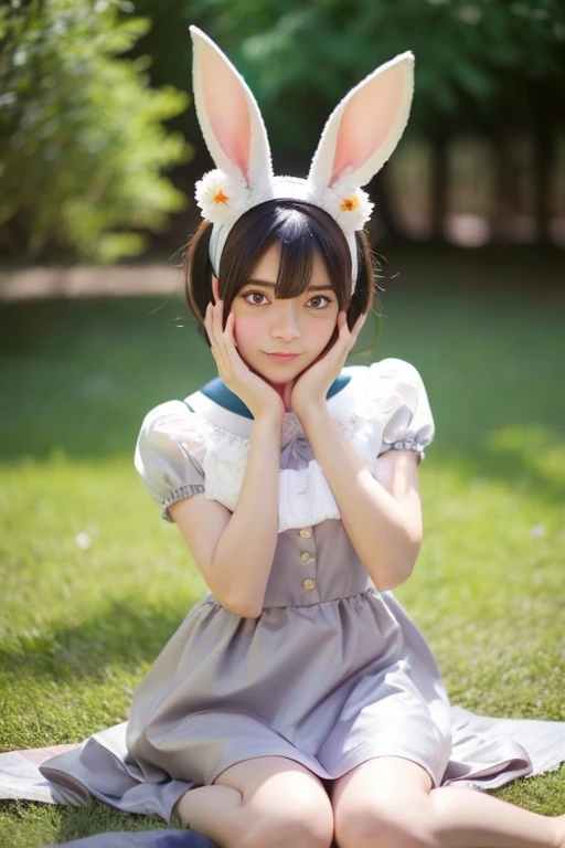 ((masterpiece, best quality)),1girl, solo, animal ears, rabbit, barefoot, wear hijab skirt, sitting, rabbit ears, short sleeves, (teasing, shy, blushing: 1.3), looking at the audience, grass, short hair, gray hair, puff sleeves, outdoors, fluffy short sleeves, bangs, on the ground, full body, animal, white dress, sunlight, brown eyes, mottled sunlight, daytime,