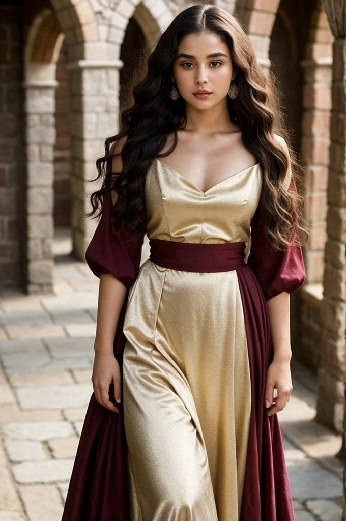 Shiera Targaryen if she had been the daughter of Raenhyra Targaryen and Harwing Strong With long hair with almost curly curls without so much volume and marked curls up to the brown waist.
With brown eyes combined with Violet and this color predominating With authentic beauty of a Targaryen A full body image.
Dressed as if from the Middle Ages with sleeves from the period with the dress a little big in the skirt part. Let her look like in the series House of the Dragon. Let her be 17 years old but have a teenage beauty.