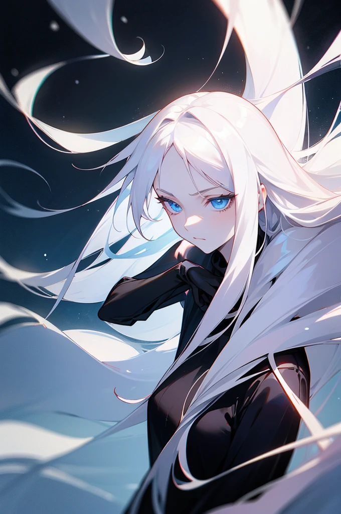 1 girl, ((solo)), a girl with long white hair, long hair, pale skin, slim body, black long neck sweater, emotionless face, ice background, Palatinate Blue eyes, shiny eyes