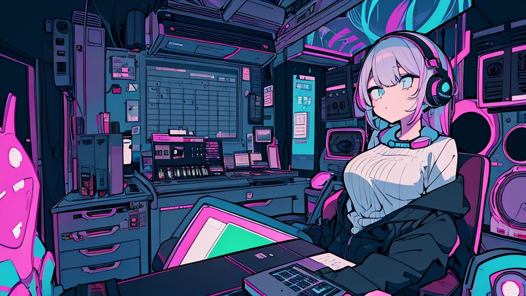 Best quality, (masterpiece:1.2), best detail face,1 girl, big breasts, 18 yo, 8k,absurdres,unity 8k wall paper,(extremely detailed:1.3), highest realistic, (retro headphones:1.1), (soft neon light:1.1), (floating hair:1.2), (psychedelic:1.2), Her room full of music equipment, Leaning back on the chair with a casual attitude, Light clothing in summer, dark grey color palette