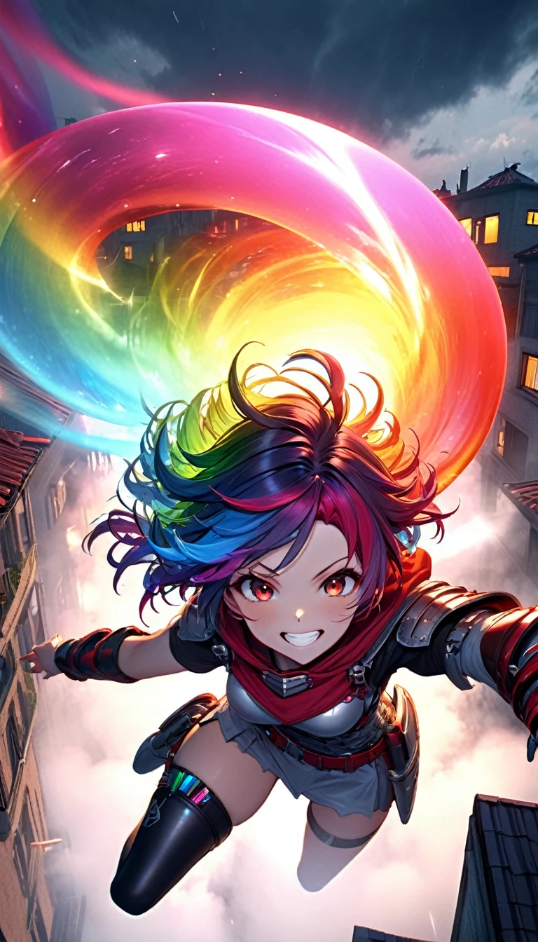 From above, Highest quality, Highest quality, 16K, Unbelievably absurd, Very detailed, 3D, delicate and dynamic, Ruthless, Cool and beautiful female warrior, Shining Rainbow Perspective, Rainbow colored messy wavy short hair, Captivating look, Excited expression, Teasing Smile, Grin, Mischievous Smile, Heavy Armor,Ominous Aura Swirl Effect, Background Rooftop , Big Red Full Moon, Exposed Steel, Flying glass, spark, cigarette, fog, Spooky atmosphere colors, Slow-motion effect, Dark fantasy