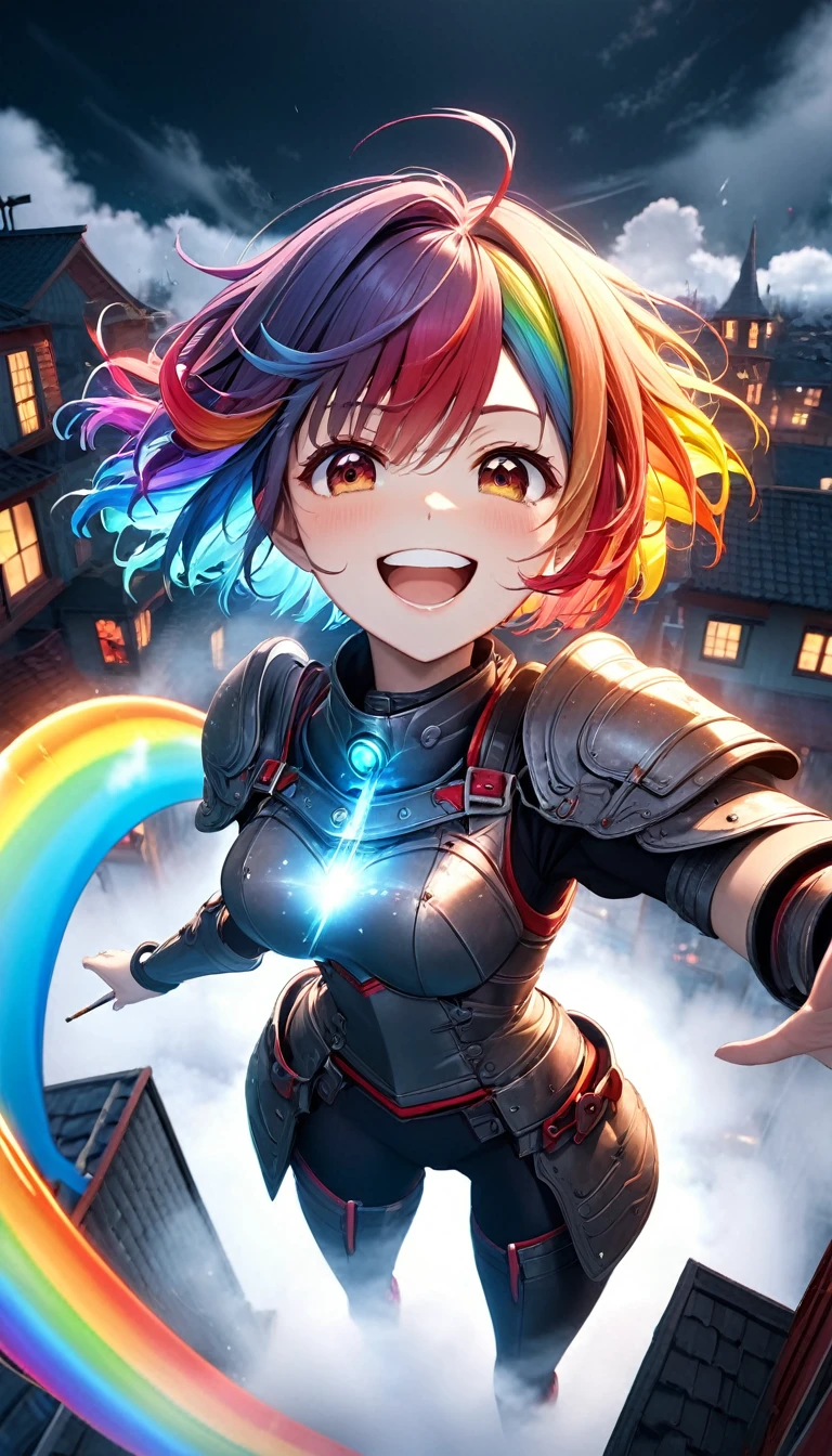 From above, Highest quality, Highest quality, 16K, Unbelievably absurd, Very detailed, 3D, delicate and dynamic, Ruthless, Cool and beautiful female warrior, Shining Rainbow Perspective, Rainbow colored messy wavy short hair, Captivating look, Excited expression, Teasing Smile, Grin, Mischievous Smile, Heavy Armor,Ominous Aura Swirl Effect, Background Rooftop , Big Red Full Moon, Exposed Steel, Flying glass, spark, cigarette, fog, Spooky atmosphere colors, Slow-motion effect, Dark fantasy