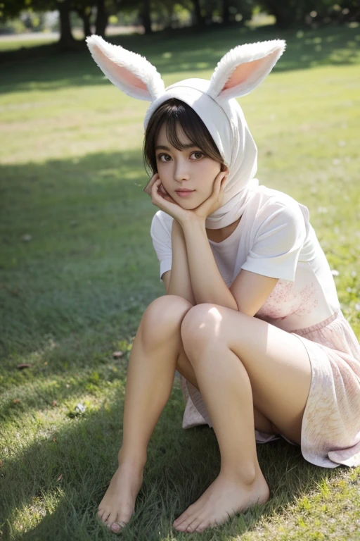 ((masterpiece, best quality)),1girl, solo, animal ears, rabbit, barefoot, wear hijab skirt, sitting, rabbit ears, short sleeves, (teasing, shy, blushing: 1.3), looking at the audience, grass, short hair, gray hair, puff sleeves, outdoors, fluffy short sleeves, bangs, on the ground, full body, animal, white dress, sunlight, brown eyes, mottled sunlight, daytime,