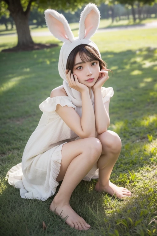 ((masterpiece, best quality)),1girl, solo, animal ears, rabbit, barefoot, wear hijab skirt, sitting, rabbit ears, short sleeves, (teasing, shy, blushing: 1.3), looking at the audience, grass, short hair, gray hair, puff sleeves, outdoors, fluffy short sleeves, bangs, on the ground, full body, animal, white dress, sunlight, brown eyes, mottled sunlight, daytime,