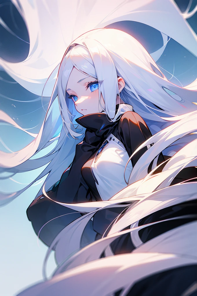 1 girl, ((solo)), a girl with long white hair, long hair, pale skin, slim body, black long neck sweater, emotionless face, ice background, Palatinate Blue eyes, shiny eyes
