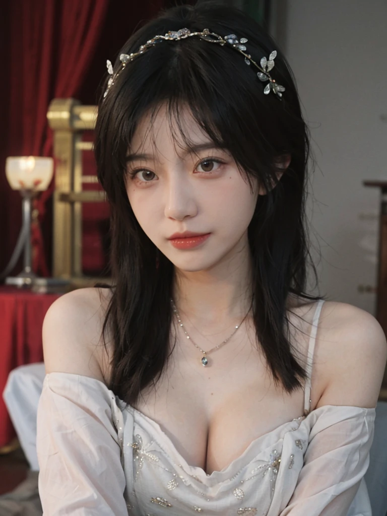 best quality, ultra high resolution, (realistically:1.4),cute hairpin,Baoyu Girl,Standing in the wedding hall,Fairy spirit fluttering,(flat chest:1.2) ,A pair of clear and charming peach blossom eyes,red wedding dress,Royal sister,The sun shines on the face,Big wavy hairstyle,(necklace:1.2),(White skin:1.4),a sense of atmosphere,a beautiful girl,Looking directly at the viewer, Close-up cleavage ,(lifelike:1.4),1 girl,Sexy,(Upper body:1.4),(wet),(:1.2) naked body,