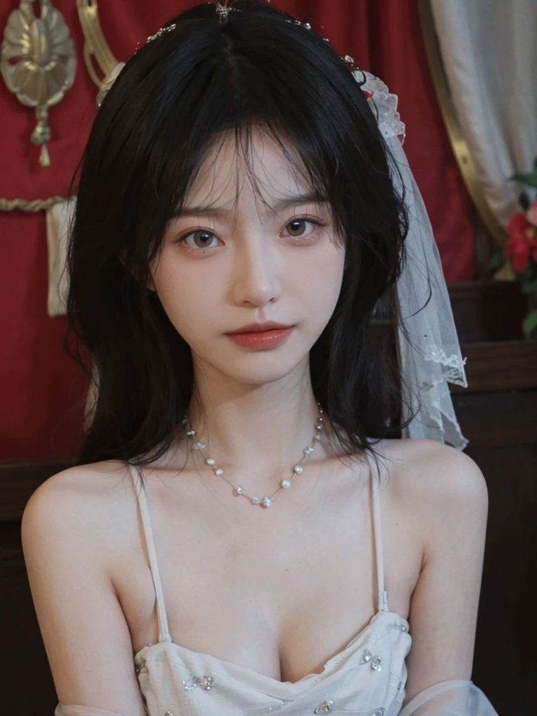 best quality, ultra high resolution, (realistically:1.4),cute hairpin,Baoyu Girl,Standing in the wedding hall,Fairy spirit fluttering,(flat chest:1.2) ,A pair of clear and charming peach blossom eyes,red wedding dress,Royal sister,The sun shines on the face,Big wavy hairstyle,(necklace:1.2),(White skin:1.4),a sense of atmosphere,a beautiful girl,Looking directly at the viewer, Close-up cleavage ,(lifelike:1.4),1 girl,Sexy,(Upper body:1.4),(wet),(:1.2) naked body,