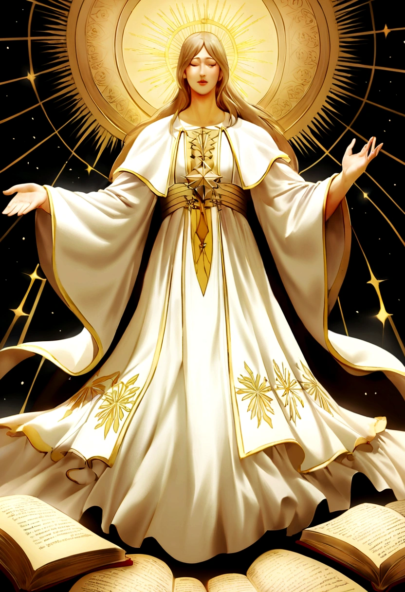 Imagine um horizonte dourado, where the pages of a giant Bible unfold like a path before us. Words shine with a light of their own, iluminando o caminho da verdade e da sabedoria. De repente, uma figura serena emerge da luz suave do amanhecer, your feet gently touching the holy scriptures. It's Jesus, caminhando sobre as palavras de Deus com uma calma sobrenatural, every step a testimony of unshakable faith. He moves with grace and purpose, your presence bringing peace and understanding to all who witness this sacred moment