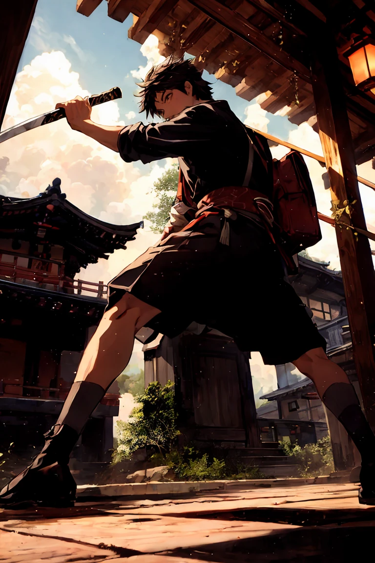 Toshiro Mufune, Toshiro Mifune, japanese samurai, 55 years, parte superior del cuerpo, dynamic, postura de lucha, sosteniendo la espada katana, campo de hierba, lluvia, Temple, japanese temple, trueno, Nube negra, tema , fondo de tema oscuro, 
ROMPER,
primer plano de la cara, escena de pelea, mirando al espectador, (escena de duelo:1.5), (sosteniendo una espada:1.5), (tratando de mantener el ritmo:1.5), (Justo antes de ser atacado:1.5), dynamic angle, escena de pelicula, 
ROMPER,
vistiendo ropa japonesa negra, perro , Black too, ropa detallada,