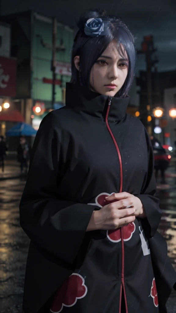 1girl,solo,konan \(naruto\),(upper body:1.2),akatsuki outfit,narrow waist,looking at viewer,masterpiece,best quality,absurdres,highly detailed,photo realistic,best shadow,dramatic lighting,depth of field,outdoors,rain,city,night,