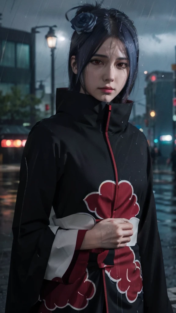1girl,solo,konan \(naruto\),(upper body:1.2),akatsuki outfit,narrow waist,looking at viewer,masterpiece,best quality,absurdres,highly detailed,photo realistic,best shadow,dramatic lighting,depth of field,outdoors,rain,city,night,
