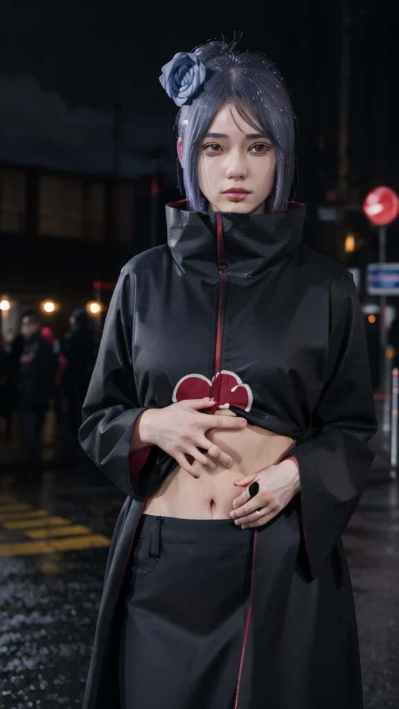 1girl,solo,konan \(naruto\),(upper body:1.2),akatsuki outfit,narrow waist,looking at viewer,masterpiece,best quality,absurdres,highly detailed,photo realistic,best shadow,dramatic lighting,depth of field,outdoors,rain,city,night,