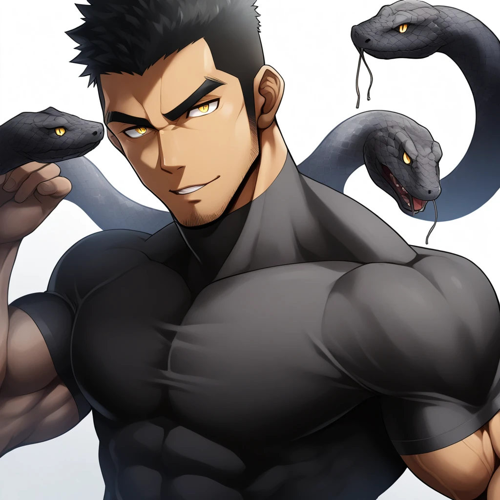 one negro, anime characters:Gyee, Hibino Kafka, Muscle Sports Student, negro black skin, Very Black, 1 muscular tough guy, Manliness, male focus, Dark grey turtleneck tight T-shirt, Snake skin scales texture, Regular symmetrical pattern, Very tight, The pectoral muscles are oversized, muscular male, muscular, only, Upper body, alone, Black short hair, Thick eyebrows, stubble, Yellow eyes, White background, simple background, amazing quality, best aesthetics, Ridiculous, bright pupils, crew cut, parted lips, seductive smile, torogao, naughty face, best quality