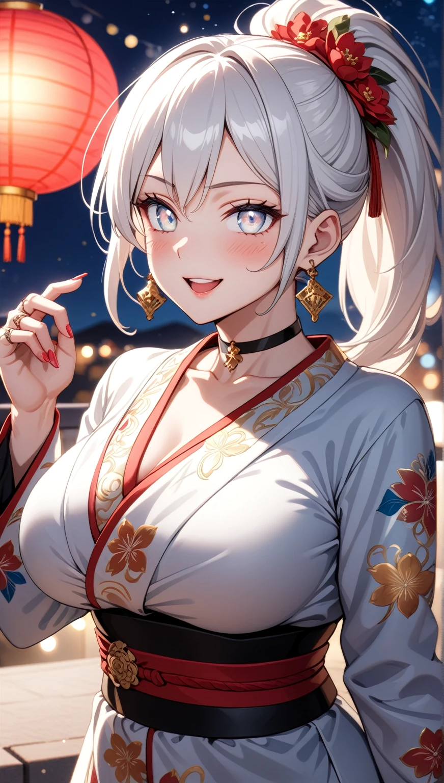 ((One personの女性)), Beautiful Face,Laughing shyly,((Wink:2.0)),Laugh with your mouth wide open((Bright red cheeks:1.4)),Glossy pink lips,night,rooftop,Festive decorations,You can see the ocean, firework,Laughing with your mouth open,Glossy pink lips,Lighting on the face,((Anime style background)),masterpiece, Highest quality, so beautiful,Latest, Complex details, (Pink long nails),(ring),(bracelet),(choker),AI-generated, Complex,High resolution, Highest quality, super high quality,3D Images、View your viewers、3D Images,One person,Long white hair,High Ponytail,(blue eyes),Anime woman posing for a photo, ((Fine grain、Silvery white colorful eyes、Shining Eyes:1.4)),(Squint your eyes:1.1),a hyperRealistic , hyperRealistic , Realistic,Anime woman with long and white hair, Smooth anime CG art, A woman in a colorful kimono with gold embroidery, (Black long sleeve kimono),Red floral pattern,Long flower hair ornament,Big earrings,Mature Body,(Big Breasts:1.1),Tall,Abdominal muscles,Narrow waist,(Zoom in on face:1.5),Shooting from below at an angle