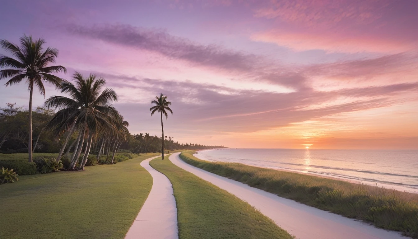 a serene coastal scene at sunset. Picture a bike path curving gently towards the beach, lined with tall, slender palm trees swaying gently in the breeze. The sky is painted in soft hues of pink, purple, and orange, reflecting the calmness of the approaching evening. A few wispy clouds add texture to the sky, while the ocean in the background captures the last glimmers of sunlight. The overall mood should evoke a sense of tranquility and the beauty of a tropical sunset.