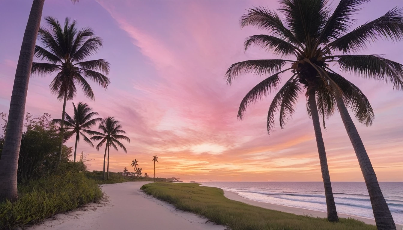 a serene coastal scene at sunset. Picture a bike path curving gently towards the beach, lined with tall, slender palm trees swaying gently in the breeze. The sky is painted in soft hues of pink, purple, and orange, reflecting the calmness of the approaching evening. A few wispy clouds add texture to the sky, while the ocean in the background captures the last glimmers of sunlight. The overall mood should evoke a sense of tranquility and the beauty of a tropical sunset.