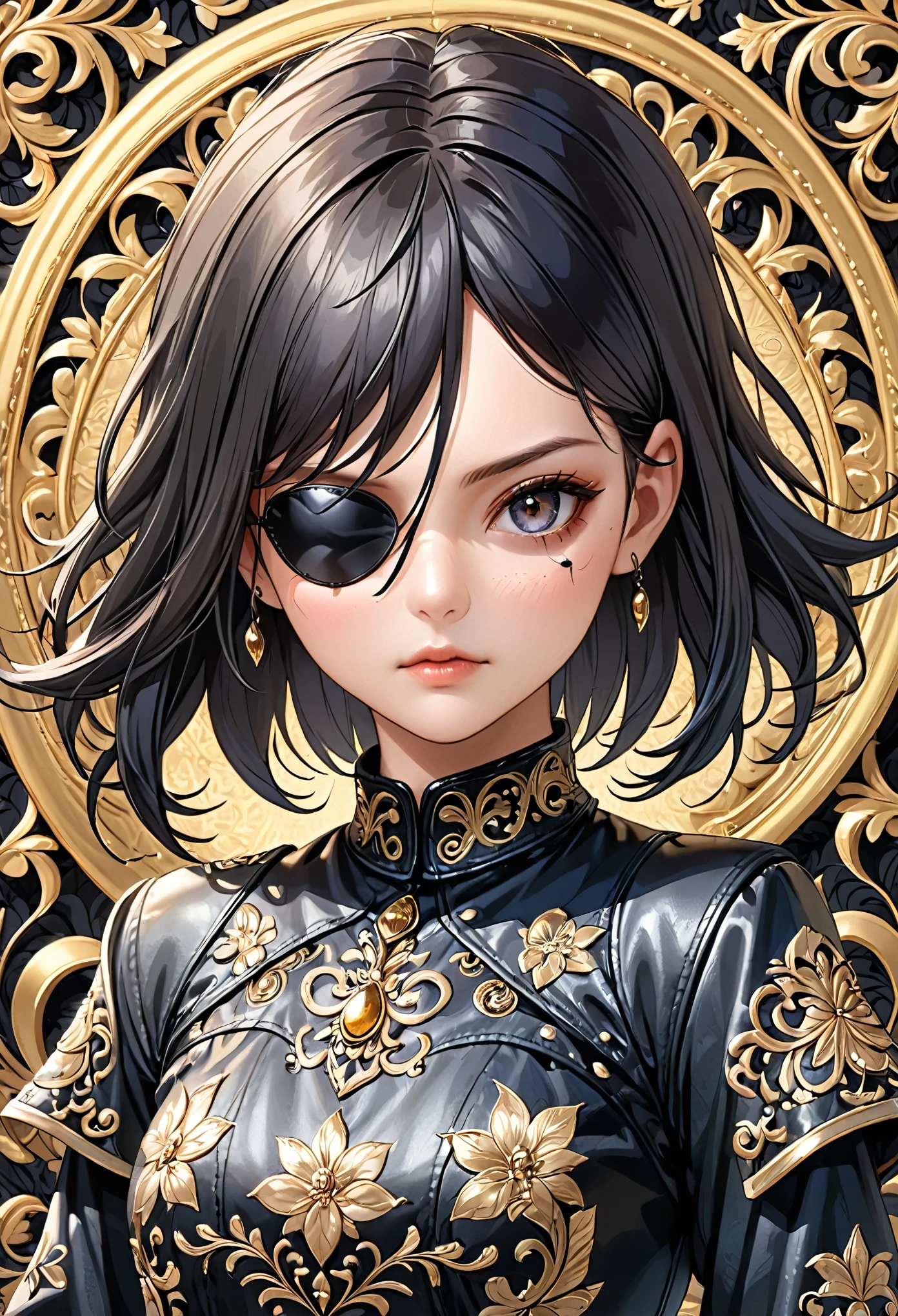 illustration of a girl with Eyepatch, (single eyepatch:1.5), black leather single eye patch, intricate detailed eye patch, (Masterpiece), (Best Quality), (High Detailes), intricate details,. intricate detail texture