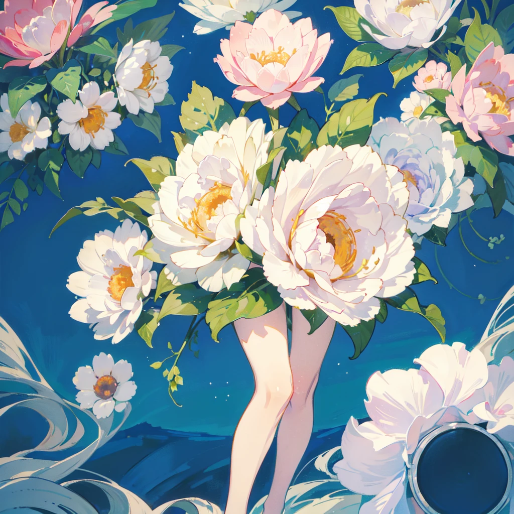 Set pattern of large flowers with plants, defined shape, flat style, vector style, drawing style, naïve style, wallpaper style, in soft pastel colors such as old pink, pastel blue, light blue, beige, pastel violet, pastel yellow and white. No shadows in the images.