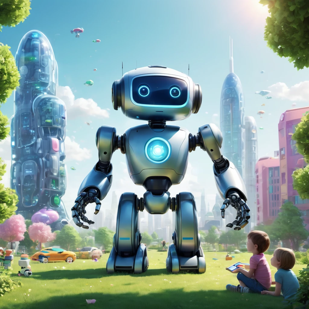 Create an incredibly charming and visually delightful image featuring an "Adorable Robot." Picture a small, humanoid robot with a sleek, rounded design and expressive LED eyes that can display a range of emotions. The robot is in a whimsical, futuristic playground filled with colorful, interactive elements like floating holographic toys, gentle robotic animals, and vibrant, animated structures.

The robot is shown engaging with a group of curious children, helping them build a towering structure of glowing blocks or guiding them through a fun, interactive game. The robot's body features soft, pastel colors with glowing accents, making it look both advanced and endearing.

In the background, the playground is set against a futuristic cityscape with towering, gleaming buildings, flying cars, and lush green spaces, creating a harmonious blend of technology and nature. The sky is a clear, radiant blue with the sun casting a warm, inviting light over the entire scene.

The entire image should evoke a sense of joy, innovation, and friendship, capturing the heartwarming interactions between the adorable robot and its human friends in a beautifully imagined, high-tech world.