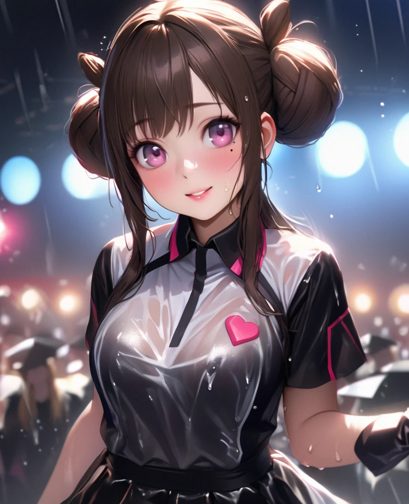 One Girl、Looking at the audience、lovely,
Beautiful pink eyes、Two brown double hair buns , Mole under the eye、Plump and glossy lips、Heart-shaped choca、Dance team uniformini skirt, Her name is May,smile、ー、。.。.。.。.。.。.。.。.。.。.。.。.。.。.。.。.。.。.3D、Realistic、
Dance team uniforms was soaked in the heavy rain, and her chest was wet and transparent.Heavy rain at outdoor concert, Drape clothes、gem、The decoration has been removed、Floral、Lace trim,On a glittering stage、
masterpiece、highest quality、8k、Detailed skin texture、Detailed cloth texture、Beautifully detailed face、Intricate details、Very detailed、
超A high resolution、8k Ultra HD、Film Grain、Best Shadow、delicate、Gazing at the audience、front