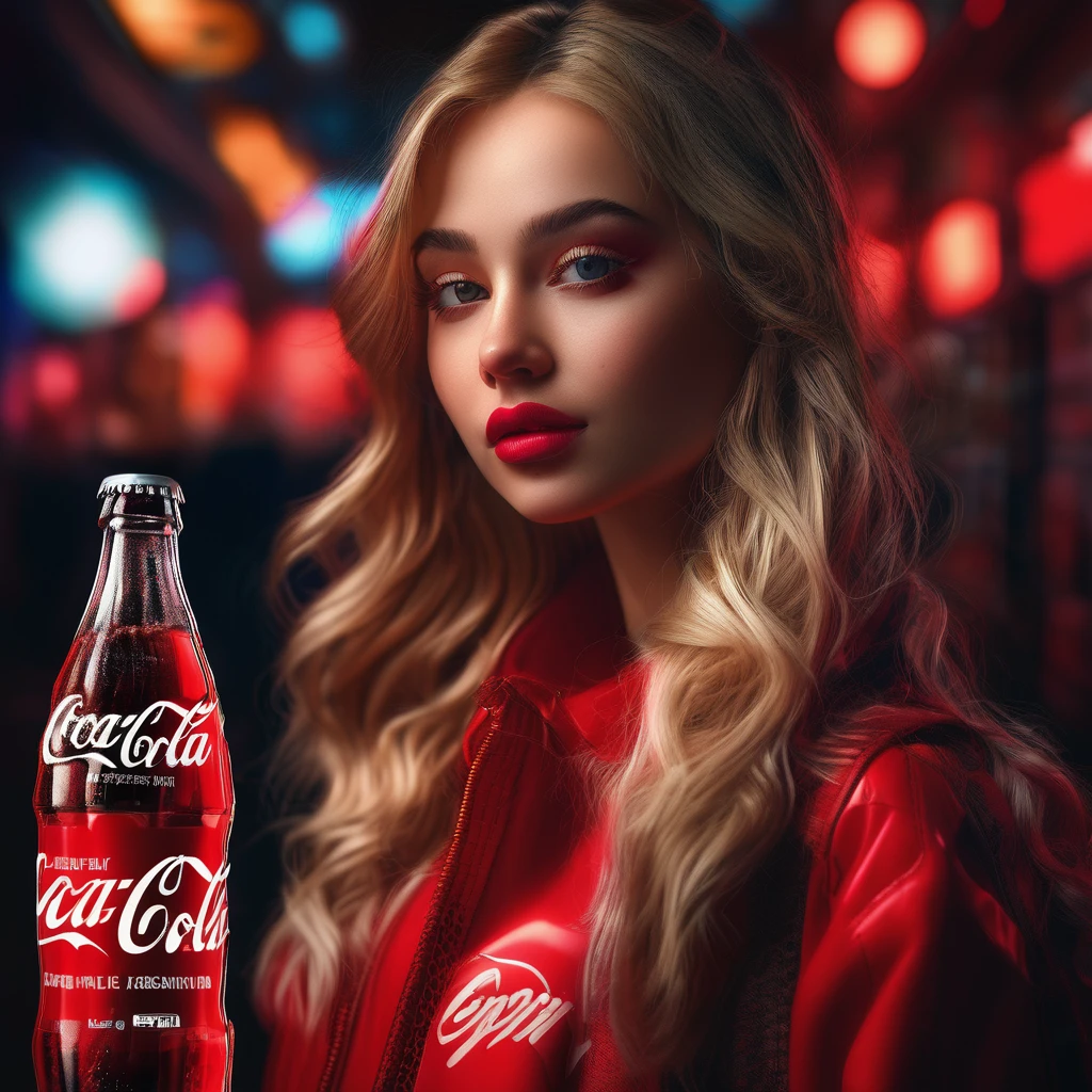 Beautiful girl modern fashion drinks coca cola, Cinematic,8K resolution, Soft lighting,Ultra-detailed skin and hair texture, eye,nose, Mouth has realistic details,Blonde
