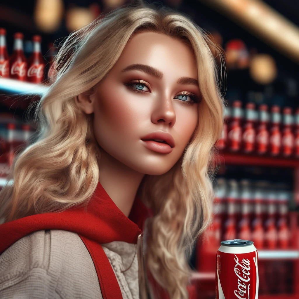 Beautiful girl modern fashion drinks coca cola, Cinematic,8K resolution, Soft lighting,Ultra-detailed skin and hair texture, eye,nose, Mouth has realistic details,Blonde