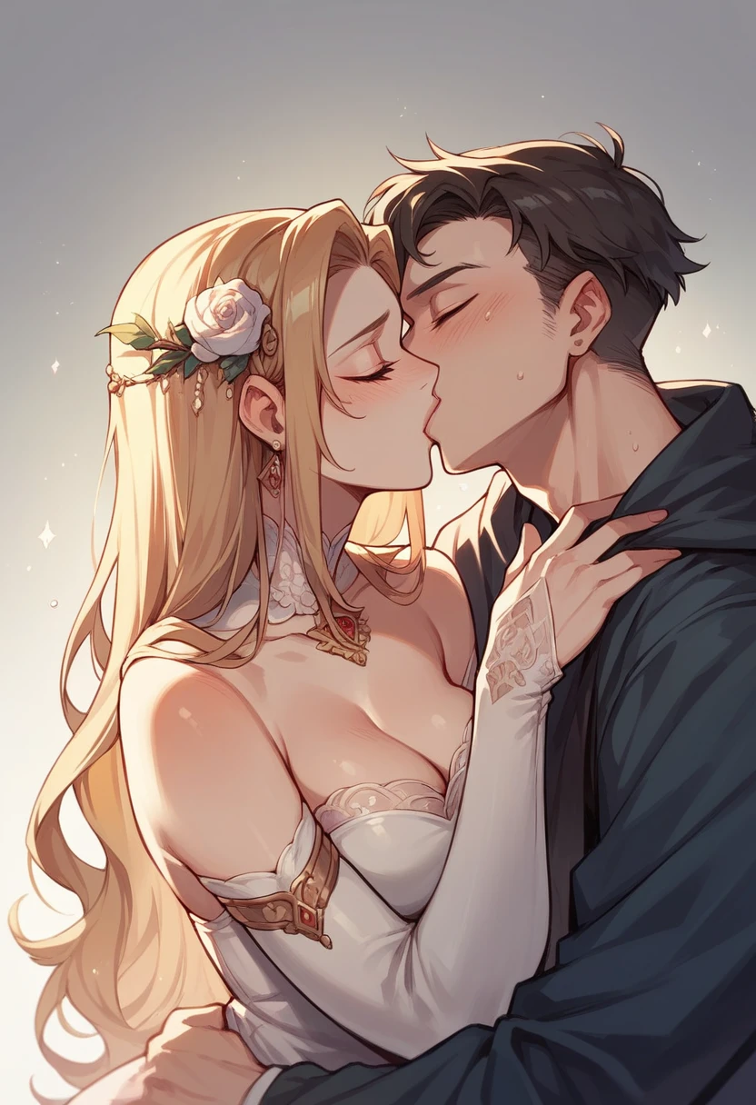 2 sexy males 25 year old, anime elves in a sensual pose medieval poster bed kissing under the sheer sheets, kissing each other, long blond/black hair, perfect intimate position, perfect composition, perfect hands and face, masterpiece, black/white color, UHD, 32k,