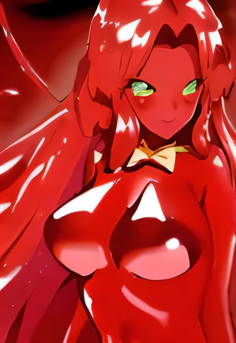 (masterpiece,highest quality,Very delicate,Perfect Face,8k), Red Slime Body, Green Eyes, Yellow bow tie,jamanen:1.3,(Melting legs, Dissolves hair) ,Big Breasts,Long Hair,Shaking body,Shiny body,Muddy background,smiling,full body