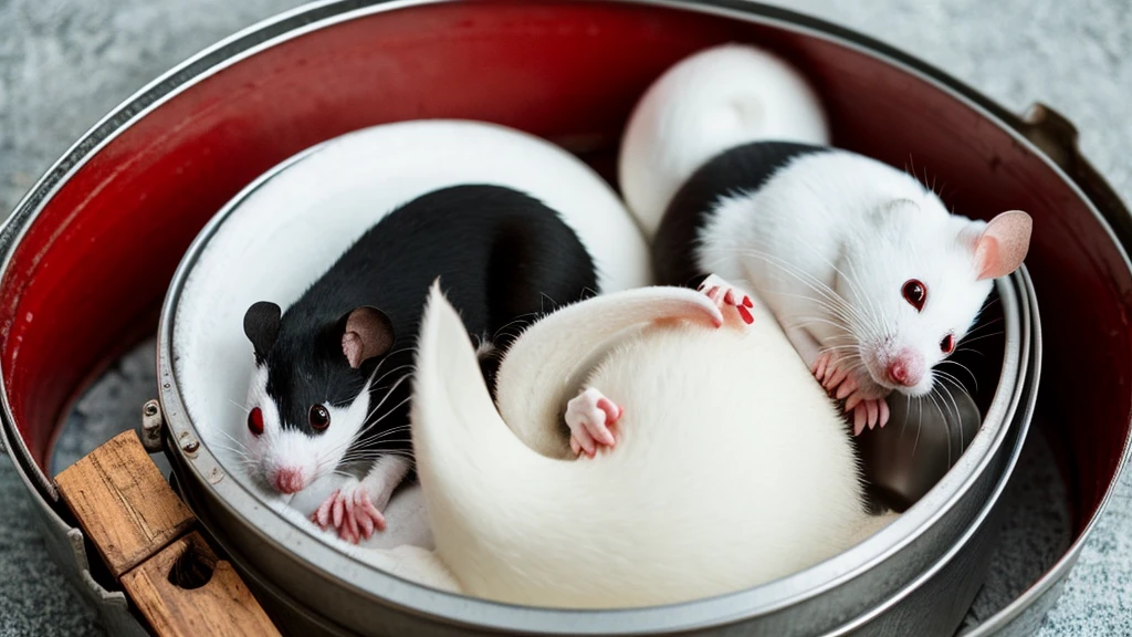 create a closeup macro photo of a white mouse and a black mouse snuggling in yin yang position in a shallow tin can on a red weathered wood surface, dinematic, dramatic, viewed from above, focus on mice