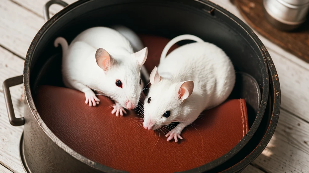 create a closeup macro photo of a white mouse and a black mouse snuggling in yin yang position in a shallow tin can on a red weathered wood surface, dinematic, dramatic, viewed from above, focus on mice