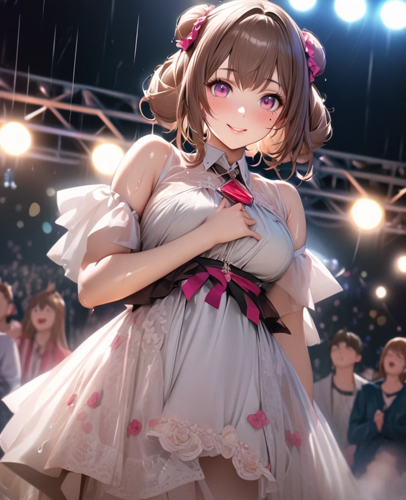 One Girl、Looking at the audience、lovely,
Beautiful pink eyes、Two brown double hair buns , Mole under the eye、Plump and glossy lips、Heart-shaped choca、Idol、Her name is May,smile、ー、。.。.。.。.。.。.。.。.。.。.。.。.。.。.。.。.。.。.3D、Realistic、
The idol's costume was soaked in the heavy rain, and her chest was wet and transparent.Heavy rain at outdoor concert, Drape clothes、gem、The decoration has been removed、Floral、Lace trim,On a glittering stage、
masterpiece、highest quality、8k、Detailed skin texture、Detailed cloth texture、Beautifully detailed face、Intricate details、Very detailed、
超A high resolution、8k Ultra HD、Film Grain、Best Shadow、delicate、Gazing at the audience、front