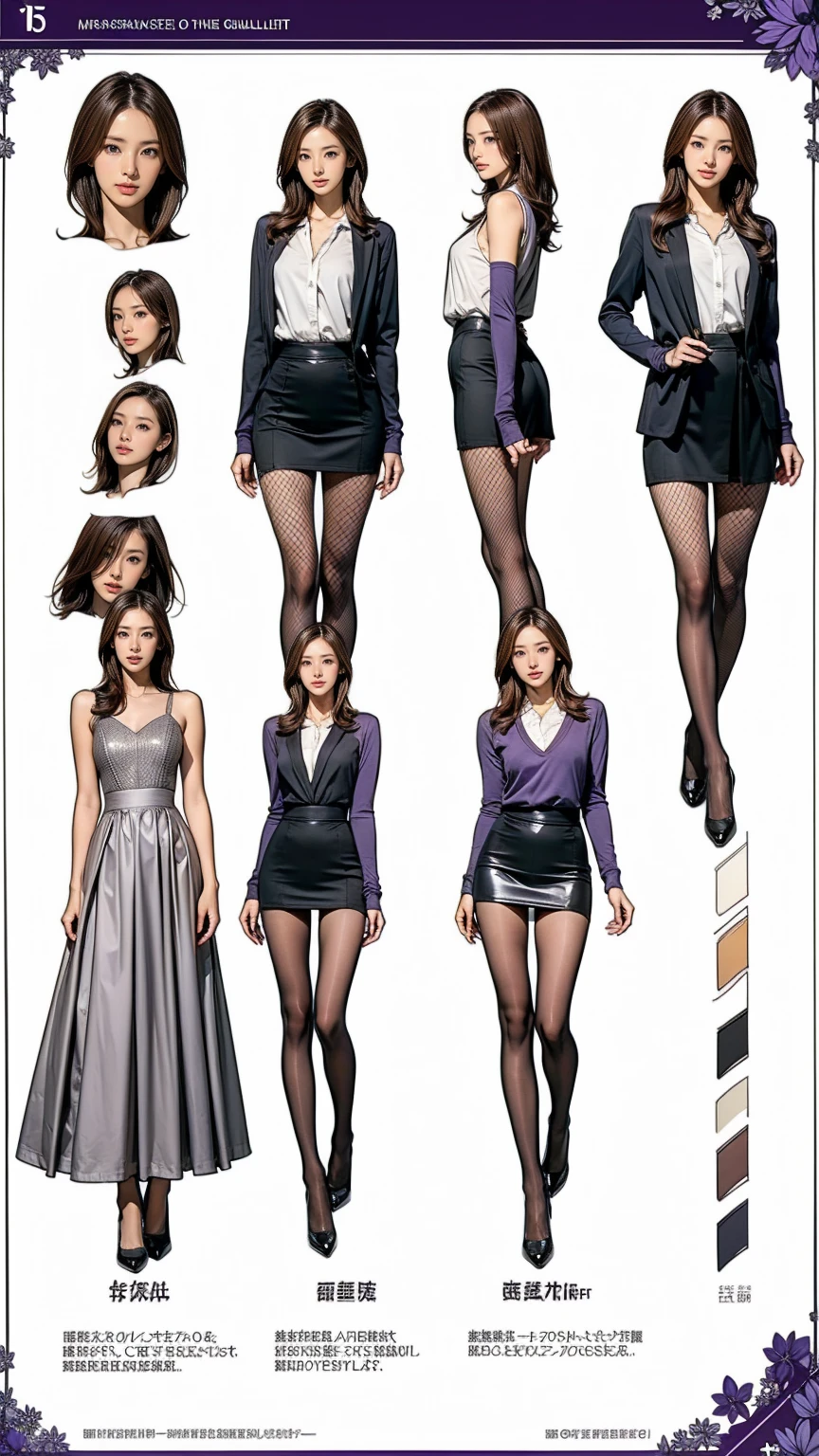 ((masterpiece)),(((Highest quality))),((Character design sheet)),Thin thighs,Long legs,wearing black fishnet tights:1.5，The best smile:1.5，Full Body Shot:1.5，masterpiece, Highest quality, One Girl, Elaina_(May_no_gossip), Silver Hair, Purple eyes, Long Hair,