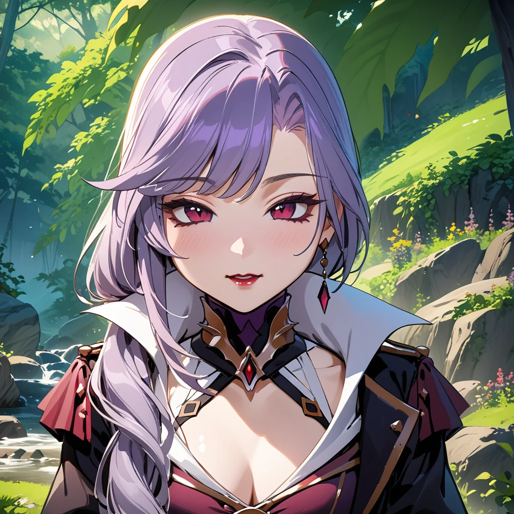 (masterpiece, best quality:1.2), 1girl, solo, Sonata, purple hair, vampire, nature background