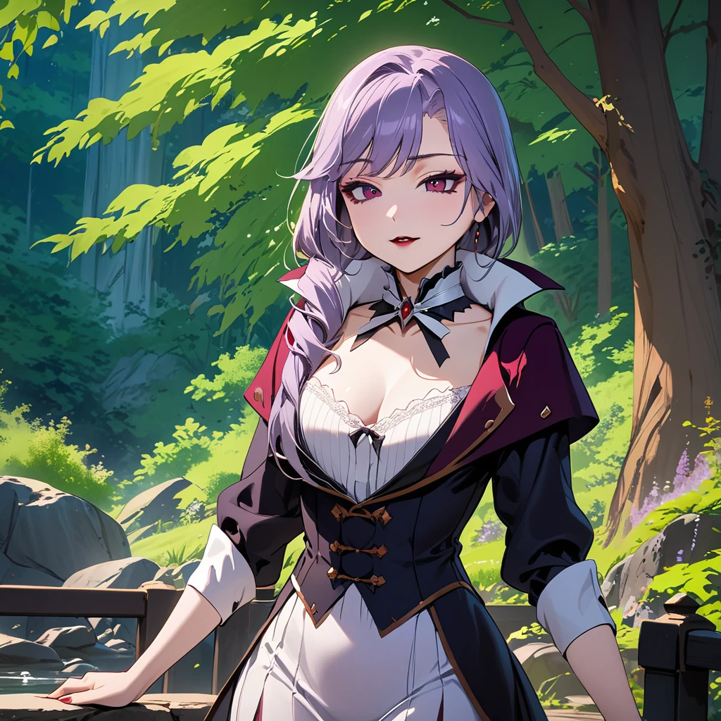 (masterpiece, best quality:1.2), 1girl, solo, Sonata, purple hair, vampire, nature background