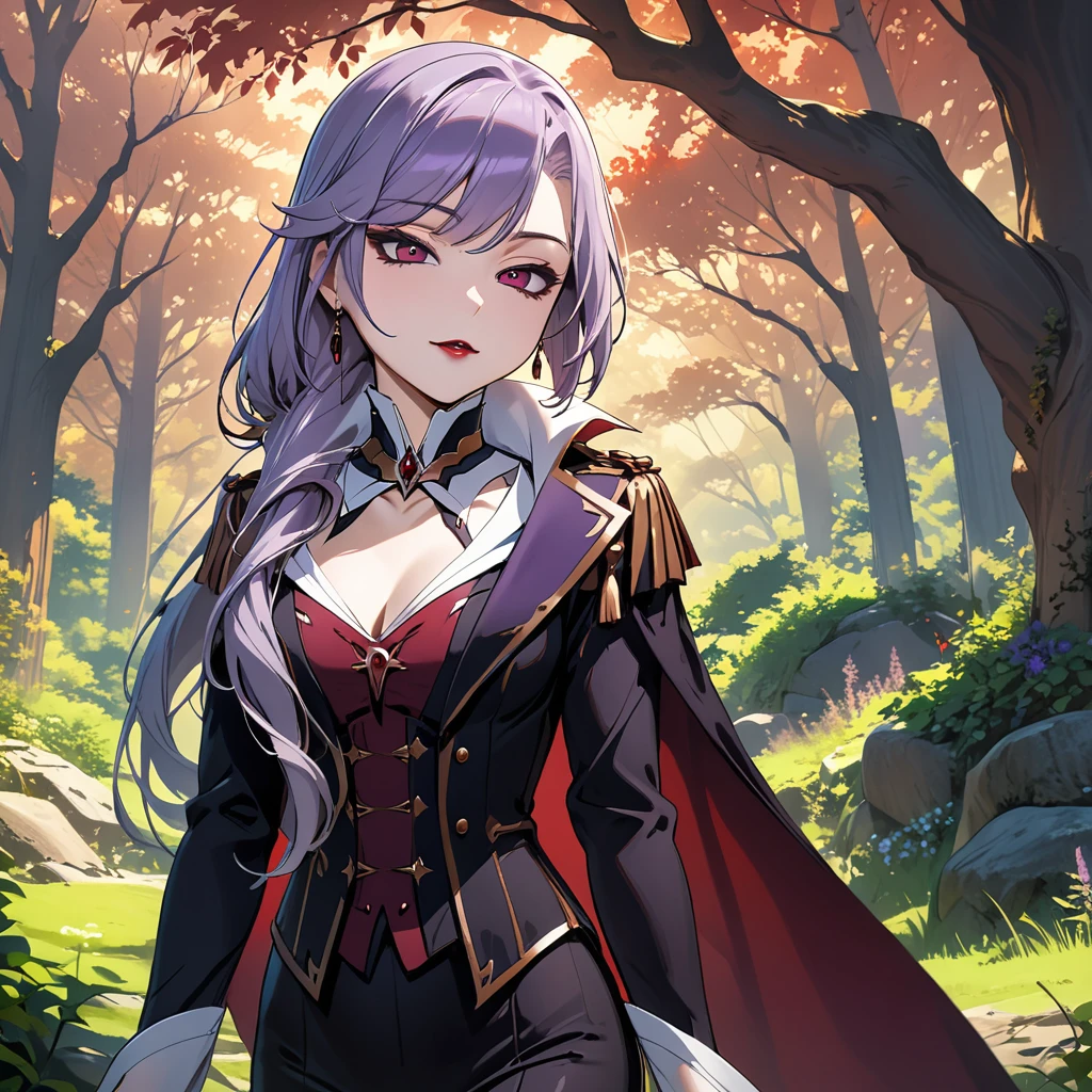 (masterpiece, best quality:1.2), 1girl, solo, Sonata, purple hair, vampire, nature background