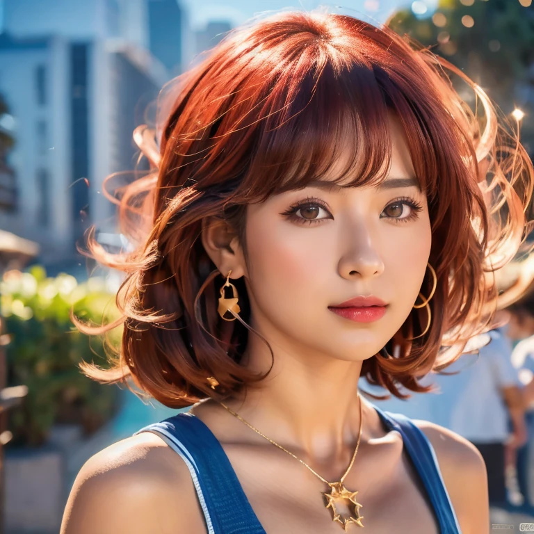 1 chica, solo, (mejor calidad, 4k, Obra maestra, Ultra detallado), tiro de vaquero, 1 chica, solo, cosa riesgosa de belleza, Cabello ondulado largo, Forceful explosion, cabello rojo, 4k