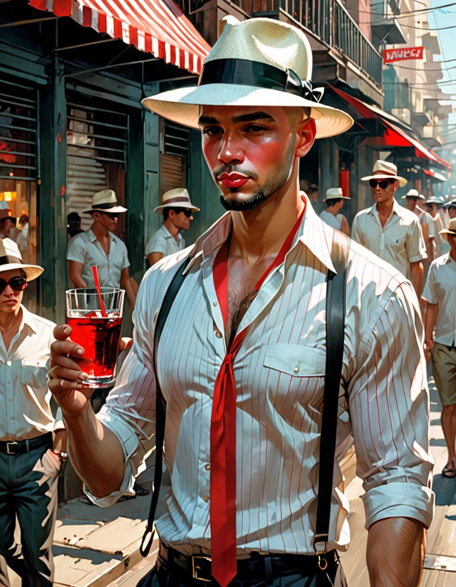 Craig Mullins ilustration style, black fitted man, short buzzcut hair, thick lips, white panama hat with a red ribbon on it, thick white and red striped shirt, glass of qhisky in hand, surrounded by bars in the street