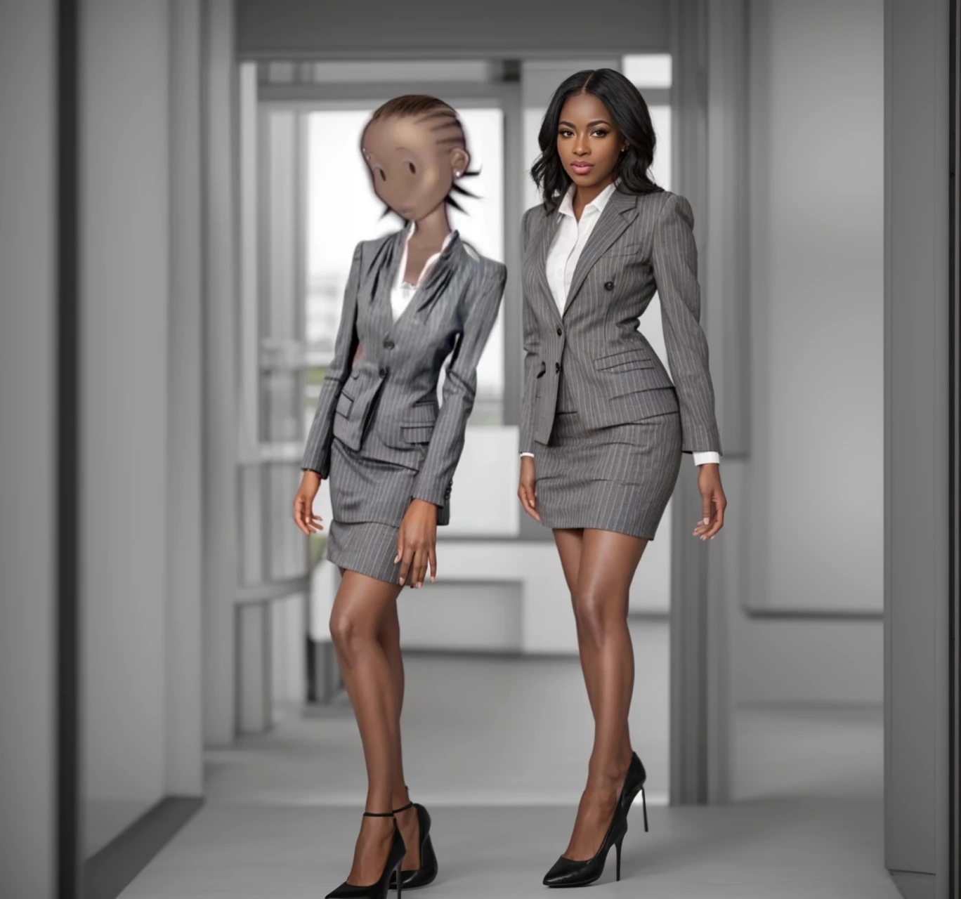 Black business woman in a
Pinstriped skirt suit with grey heels