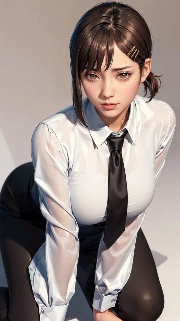(((Perfect body,White and tender skin,(((black necktie, black pants, business suit, formal, long sleeves, necktie, pants, suit,,))),(((kobeni higashiyama, black hair, hair ornament, hairclip, ponytail, short hair, (brown eyes:1.5),))),((masterpiece)),highres,((Best quality at best)),masterpiece,quality,Best quality,((( Exquisite facial features,Looking at the audience,There is light in the eyes,(((pain,endure))),))),(((Light and shadow,Huge ,))),(((Looking at the camera,White background))))
