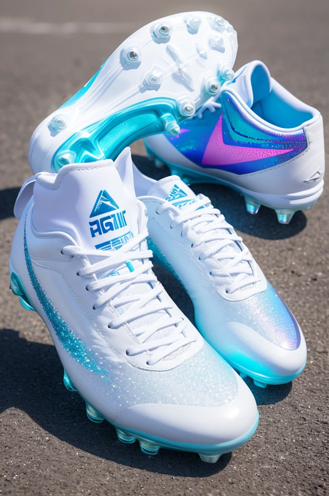 White football boots with holographic stripes and Pedro written in the corner