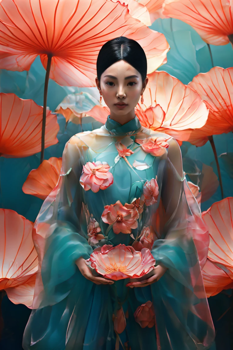 Image of a beautiful woman covered in plum blossoms, Using VRay tracking style, Snow Scene, body fluid, Glass Sculpture, Macro zoom, Chinese Contemporary Art, Practical, Emotional portrait, Water Drop
 