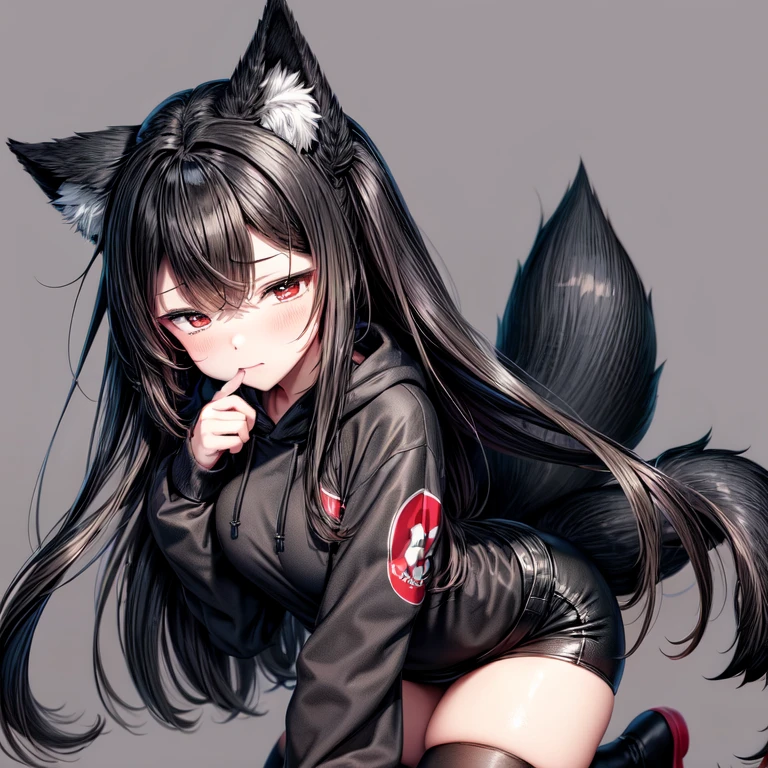 masterpiece, best quality, anime, ((girl)), cute, black hair covering forehead, solid Black Hoodie, front view, ((Red eyes)), ((Black Really Fluffy Wolf tail and ears)), Cute expression, Black Shorts with Thigh Highs. Black hat, full body, sfw