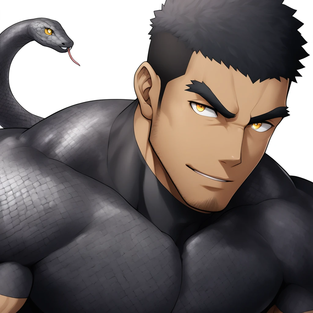 one negro, anime characters：Gyee, Hibino Kafka, Muscle Sports Student, negro black skin, Very Black, 1 muscular tough guy, Manliness, male focus, Dark grey turtleneck tight T-shirt, Snake skin scales texture, Regular symmetrical pattern, Very tight, The pectoral muscles are oversized, muscular male, muscular, only, Upper body, alone, Black short hair, Thick eyebrows, stubble, Yellow eyes, White background, simple background, amazing quality, best aesthetics, Ridiculous, bright pupils, crew cut, parted lips, seductive smile, torogao, naughty face, best quality