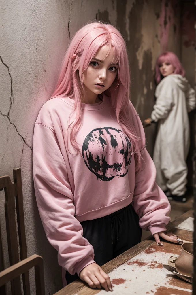 A woman with a face of fear compels brunette with big and messy pink hair wearing a sweatshirt and baggy pants in a house with blood-stained walls and a table with bladed weapons on top