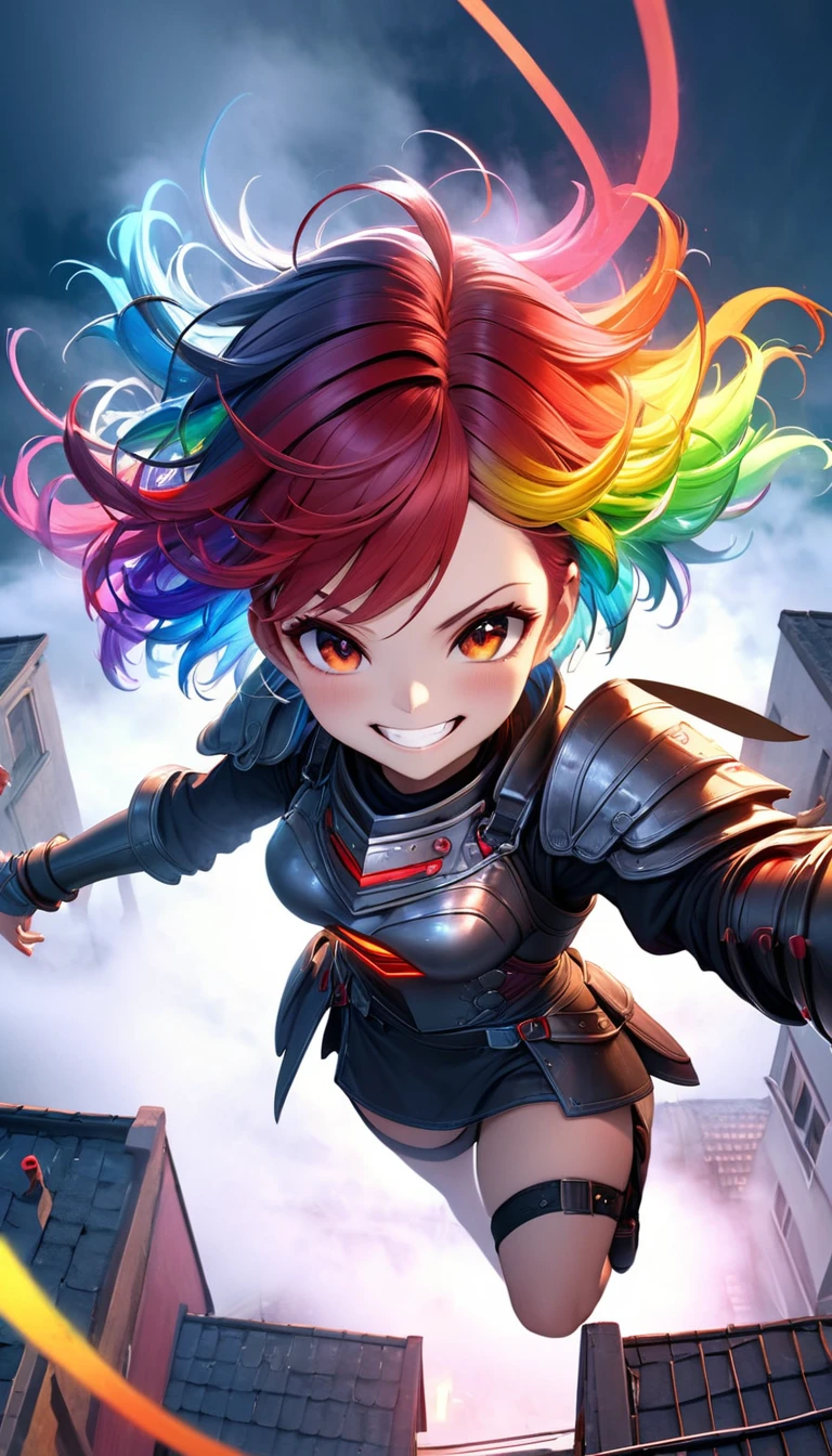 From above, Highest quality, Highest quality, 16K, Unbelievably absurd, Very detailed, 3D, delicate and dynamic, Ruthless, Cool and beautiful female warrior, Shining Rainbow Perspective, Rainbow colored messy wavy short hair, Captivating look, Excited expression, Teasing Smile, Grin, Mischievous Smile, Heavy Armor,Ominous Aura Swirl Effect, Background Rooftop , Big Red Full Moon, Exposed Steel, Flying glass, spark, cigarette, fog, Spooky atmosphere colors, Slow-motion effect, Dark fantasy