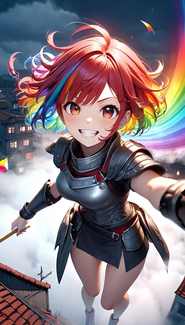 From above, Highest quality, Highest quality, 16K, Unbelievably absurd, Very detailed, 3D, delicate and dynamic, Ruthless, Cool and beautiful female warrior, Shining Rainbow Perspective, Rainbow colored messy wavy short hair, Captivating look, Excited expression, Teasing Smile, Grin, Mischievous Smile, Heavy Armor,Ominous Aura Swirl Effect, Background Rooftop , Big Red Full Moon, Exposed Steel, Flying glass, spark, cigarette, fog, Spooky atmosphere colors, Slow-motion effect, Dark fantasy
