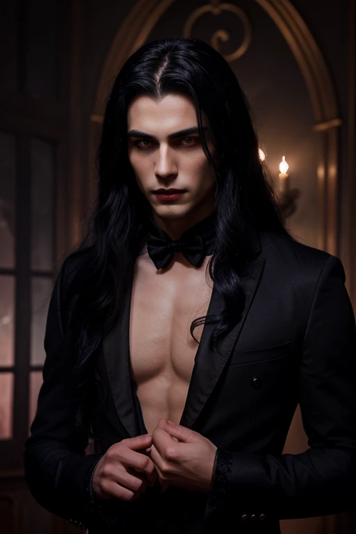 Lovely young handsome hetero Man Jinx Edward vampire with big indigo-eyes and gems and long black hair, with nice and delicate face, in a dark gothic magic castle with annie and claudia and Lestat, in Red Rose manor. Terror ambient. The more handsome man in the world. Night storm.