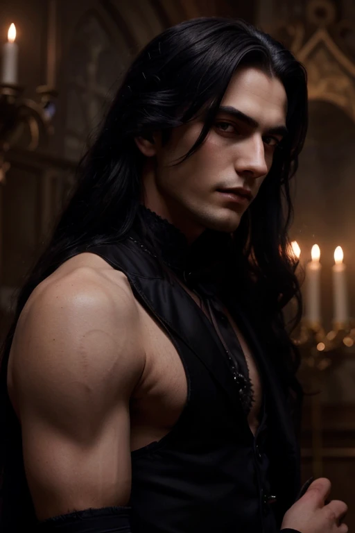 Lovely young handsome hetero Man Jinx Edward vampire with big indigo-eyes and gems and long black hair, with nice and delicate face, in a dark gothic magic castle with annie and claudia and Lestat, in Red Rose manor. Terror ambient. The more handsome man in the world. Night storm.