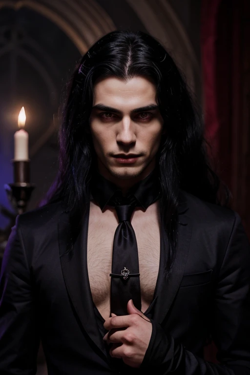 Lovely young handsome hetero Man Jinx Edward vampire with big indigo-eyes and gems and long black hair, with nice and delicate face, in a dark gothic magic castle with annie and claudia and Lestat, in Red Rose manor. Terror ambient. The more handsome man in the world. Night storm.