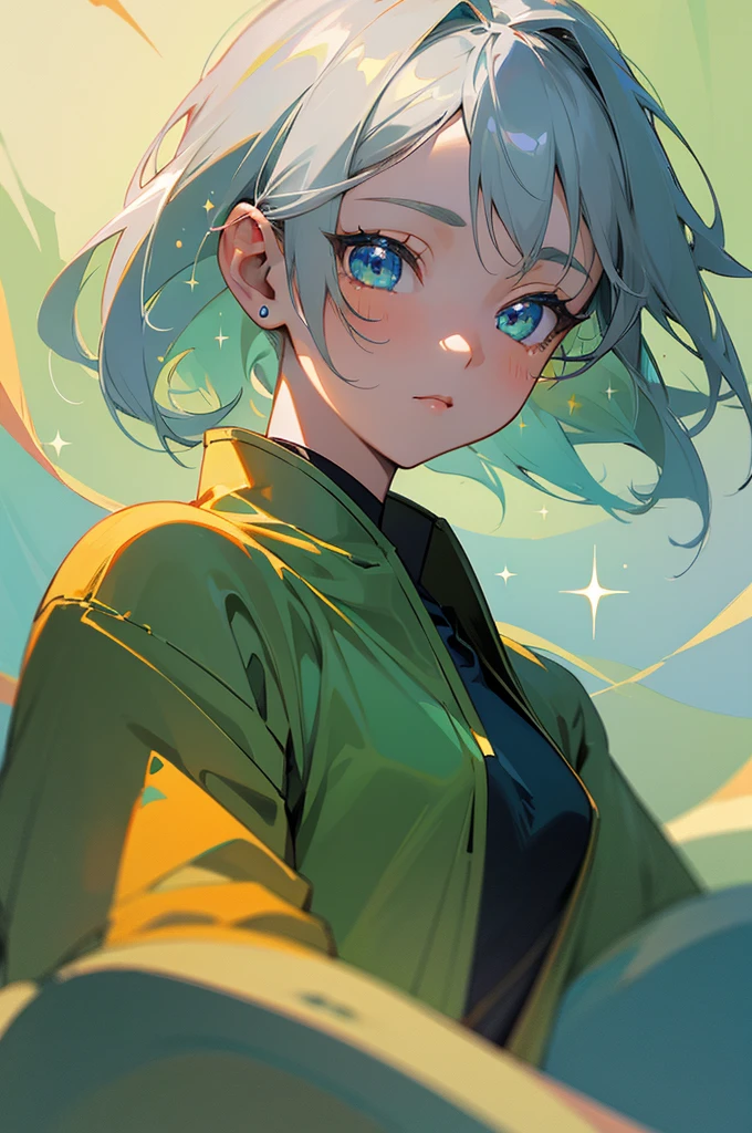 16-year-old girl、Anime style painting、Upper body only, impression, (Oil), Green and orange tones、Silver Hair, (Sparkling blue eyes)、Delicate contours